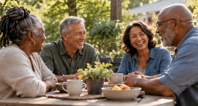 Four older adults enjoying conversation together around an outdoor table