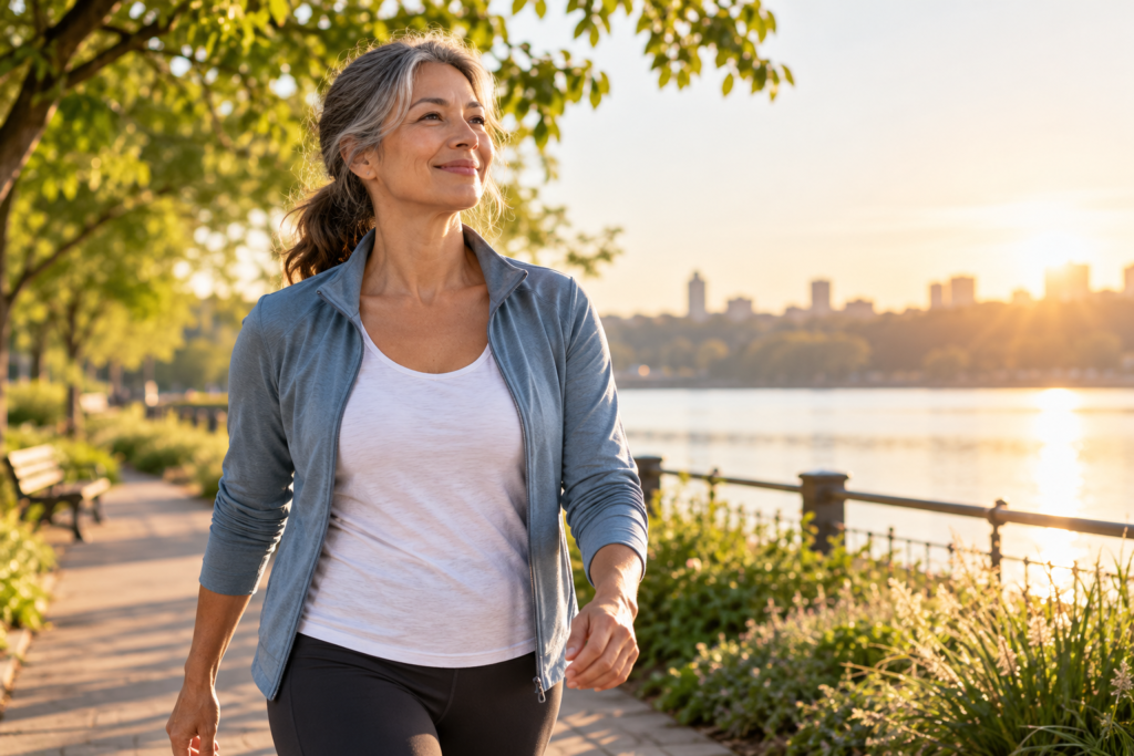Woman in her 50s walking outdoors beside the water in morning sunlight