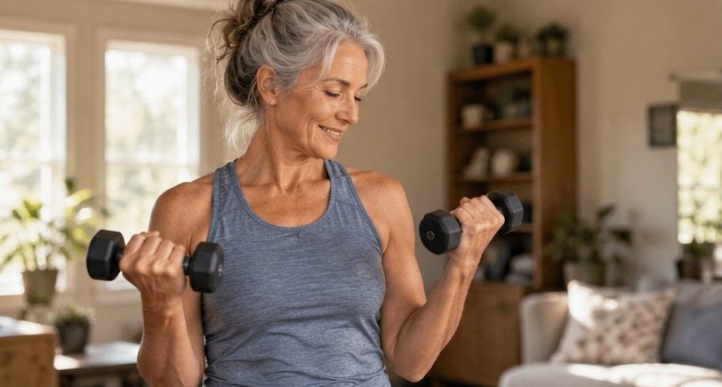 Older woman practicing strength training with dumbbells at home